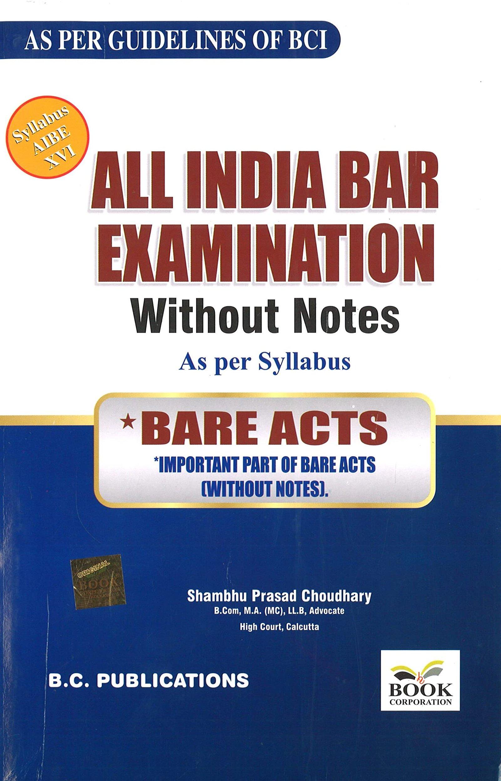 Book Corporation All India Bar Examination Without Notes Bare Acts, As per Guidelines of BCI By Shambhu Prasad Choudhary Edition 2023