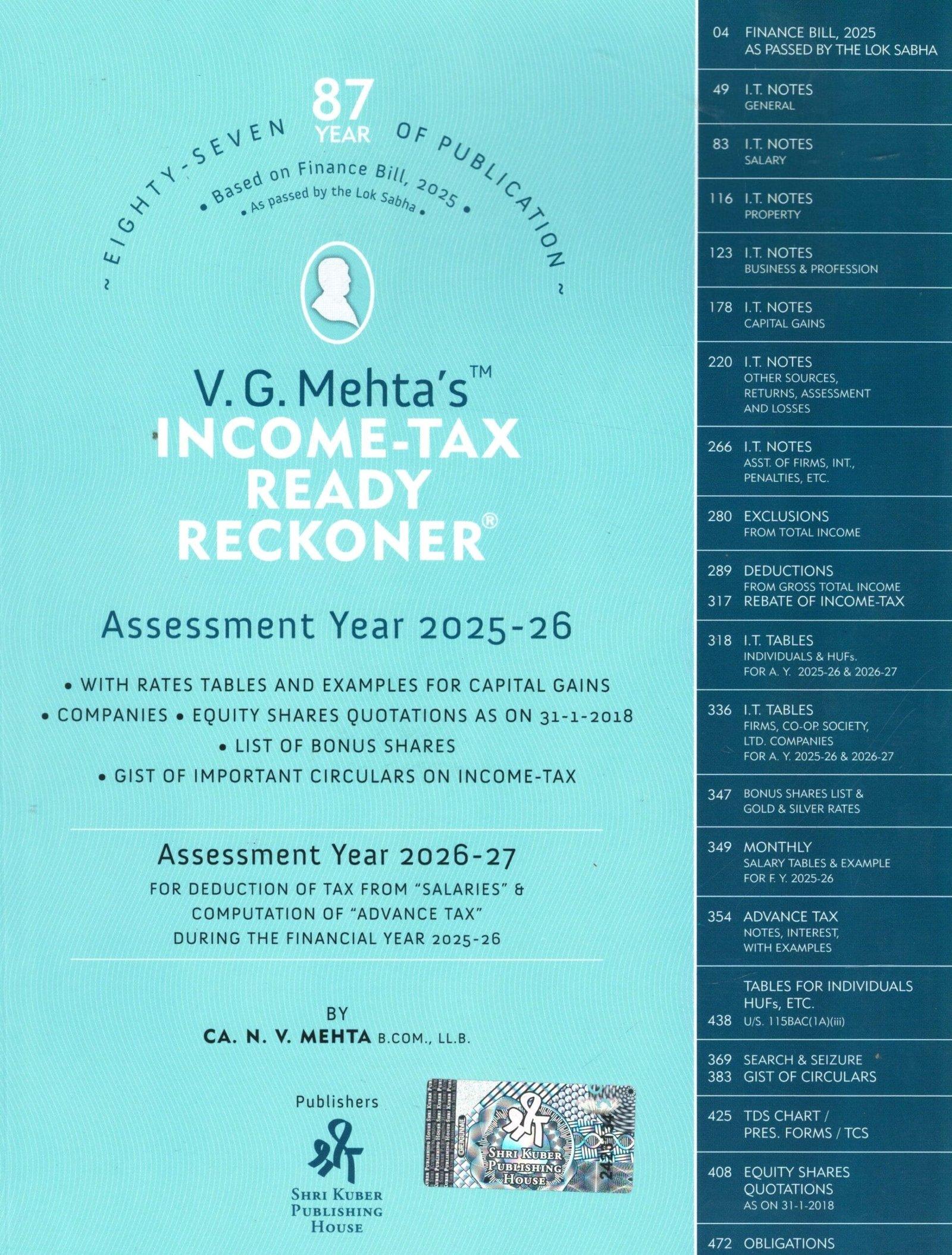VG Mehta Income Tax Ready Reckoner By N V Mehta Assessment Year 2025-2026 Edition April 2025